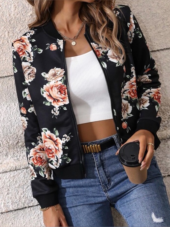 BellanBlue Jackets & Blazers - Black Floral Print Boho Zipper Light Bomber Jacket